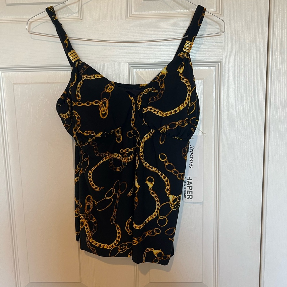 NWT  Stylish Black & Gold swim tank, shelf bra with gold details